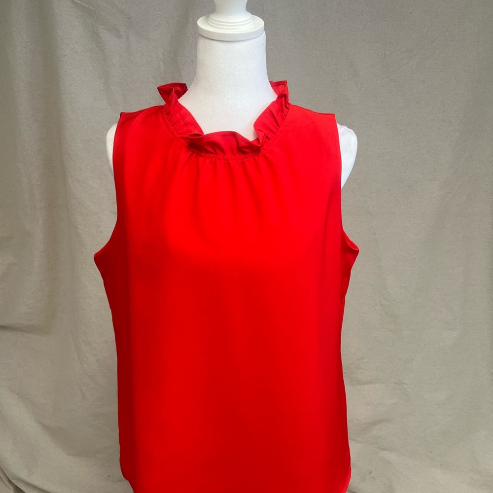 J.Crew Ruffleneck Satin Crepe Top Red‎ Sleeveless AP241 Sz S Feminine Classic